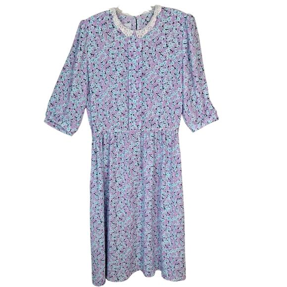 Vintage 80s Purple Floral Lace Collar Midi Dress Coquette Women Size M 8 10 - Picture 1 of 9